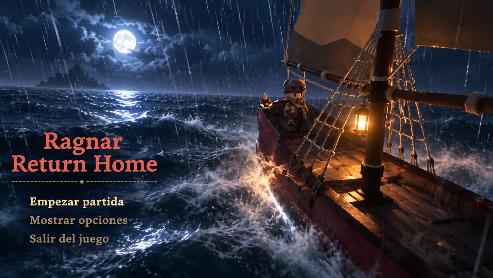 Ragnar y su cerdito a bordo de un barco bajo una tormenta y la luz de la luna